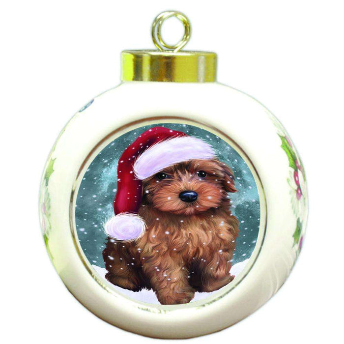 Let it Snow Christmas Holiday Yorkipoo Dog Wearing Santa Hat Round Ball Christmas Ornament RBPOR54340