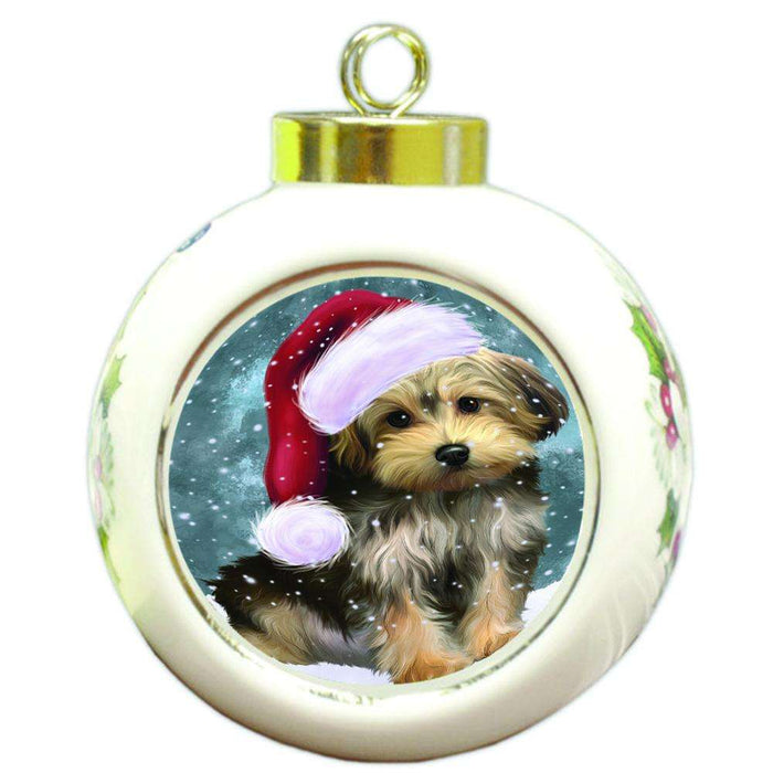 Let it Snow Christmas Holiday Yorkipoo Dog Wearing Santa Hat Round Ball Christmas Ornament RBPOR54341