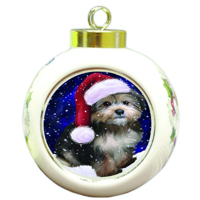 Let it Snow Christmas Holiday Yorkipoo Dog Wearing Santa Hat Round Ball Christmas Ornament RBPOR54342