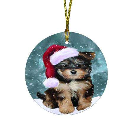 Let it Snow Christmas Holiday Yorkipoo Dog Wearing Santa Hat Round Flat Christmas Ornament RFPOR54330
