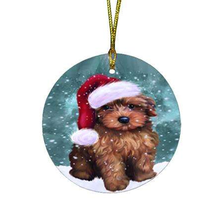 Let it Snow Christmas Holiday Yorkipoo Dog Wearing Santa Hat Round Flat Christmas Ornament RFPOR54331