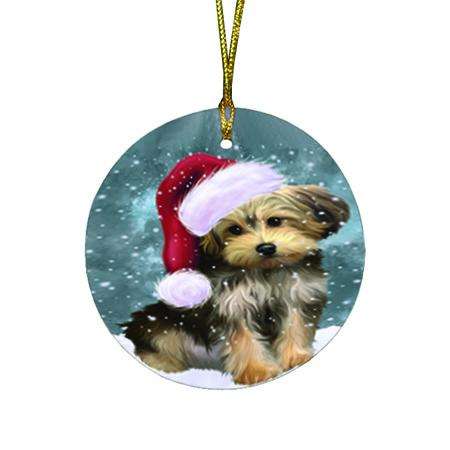 Let it Snow Christmas Holiday Yorkipoo Dog Wearing Santa Hat Round Flat Christmas Ornament RFPOR54332