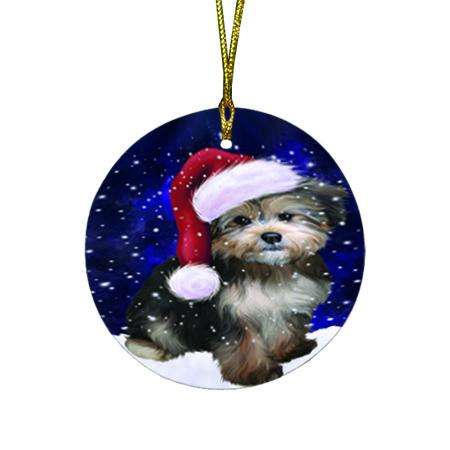 Let it Snow Christmas Holiday Yorkipoo Dog Wearing Santa Hat Round Flat Christmas Ornament RFPOR54333