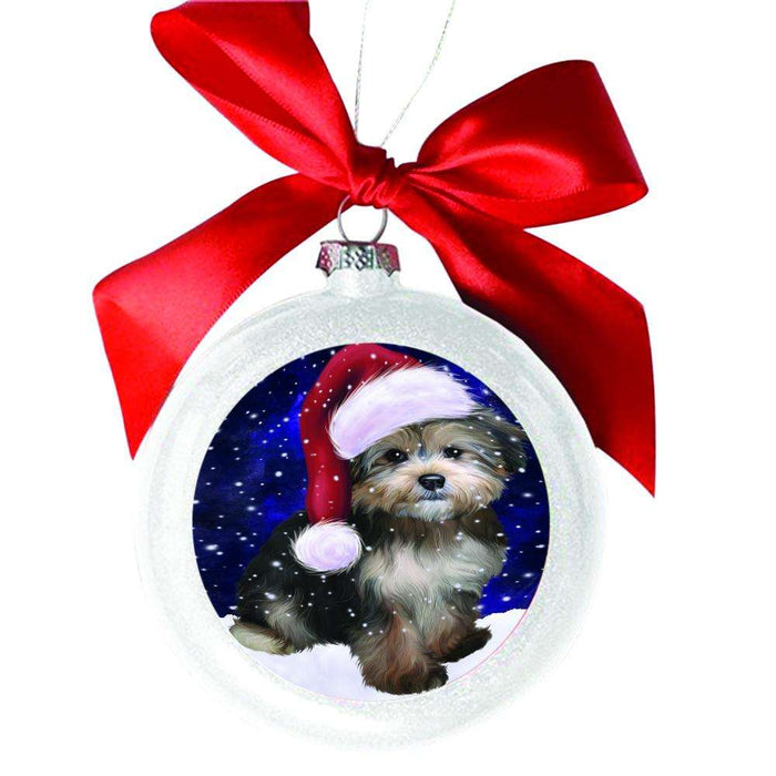 Let it Snow Christmas Holiday Yorkipoo Dog White Round Ball Christmas Ornament WBSOR48983