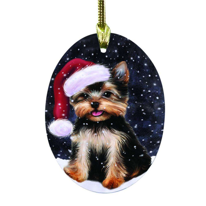 Let it Snow Christmas Holiday Yorkshire Terrier Dog Oval Glass Christmas Ornament OGOR48779