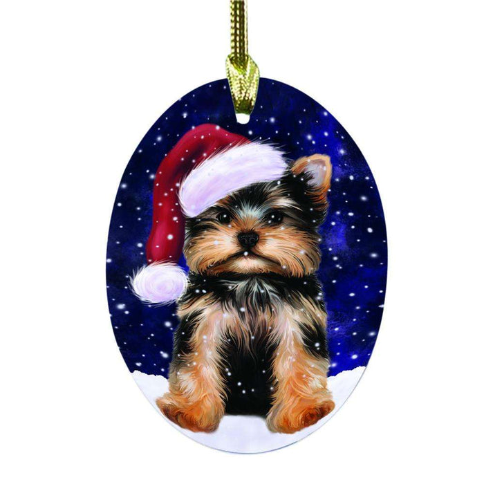Let it Snow Christmas Holiday Yorkshire Terrier Dog Oval Glass Christmas Ornament OGOR48780