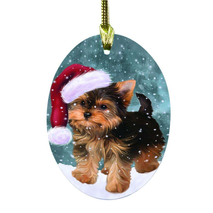 Let it Snow Christmas Holiday Yorkshire Terrier Dog Oval Glass Christmas Ornament OGOR48781