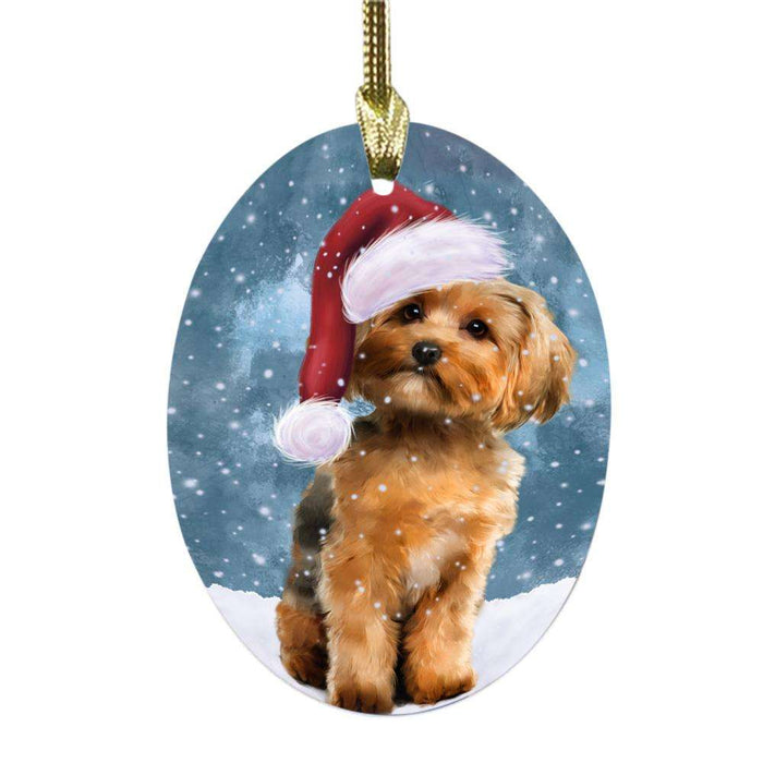 Let it Snow Christmas Holiday Yorkshire Terrier Dog Oval Glass Christmas Ornament OGOR48782
