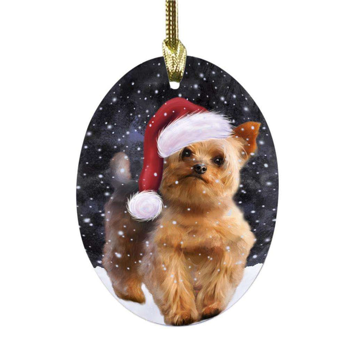Let it Snow Christmas Holiday Yorkshire Terrier Dog Oval Glass Christmas Ornament OGOR48783