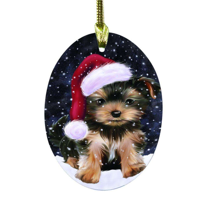 Let it Snow Christmas Holiday Yorkshire Terrier Dog Oval Glass Christmas Ornament OGOR48784