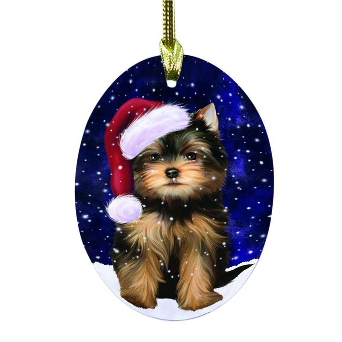 Let it Snow Christmas Holiday Yorkshire Terrier Dog Oval Glass Christmas Ornament OGOR48785
