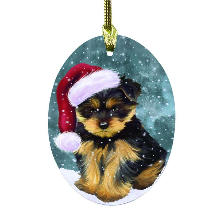 Let it Snow Christmas Holiday Yorkshire Terrier Dog Oval Glass Christmas Ornament OGOR48786
