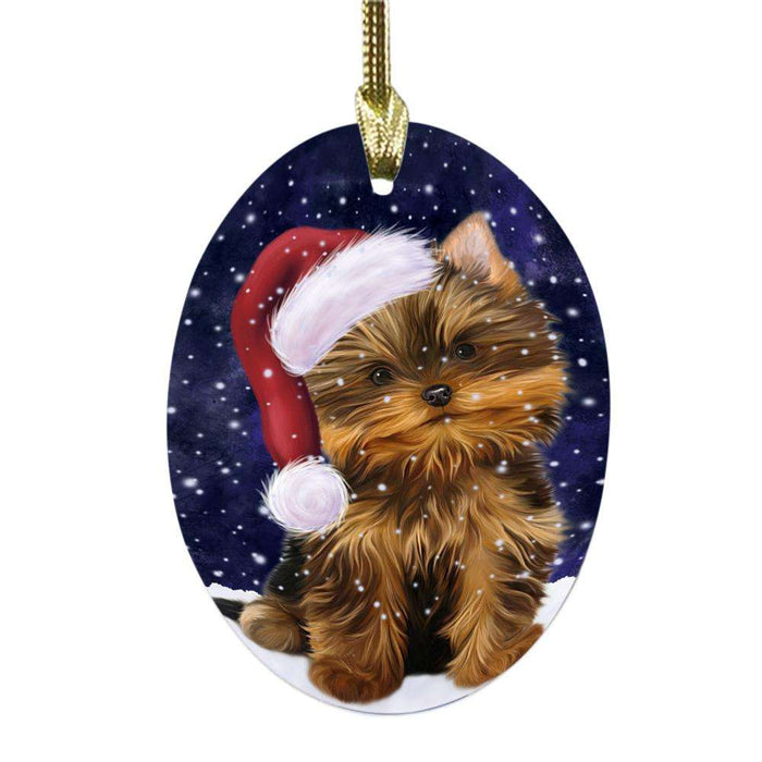 Let it Snow Christmas Holiday Yorkshire Terrier Dog Oval Glass Christmas Ornament OGOR48787