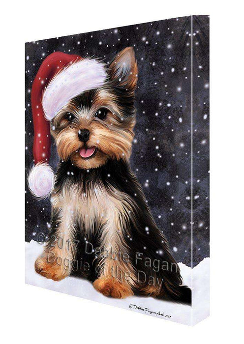 Let it Snow Christmas Holiday Yorkshire Terrier Dog Wearing Santa Hat Canvas Wall Art