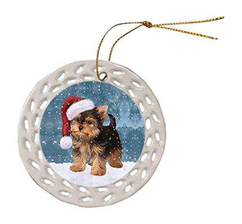 Let it Snow Christmas Holiday Yorkshire Terrier Dog Wearing Santa Hat Ceramic Doily Ornament D047