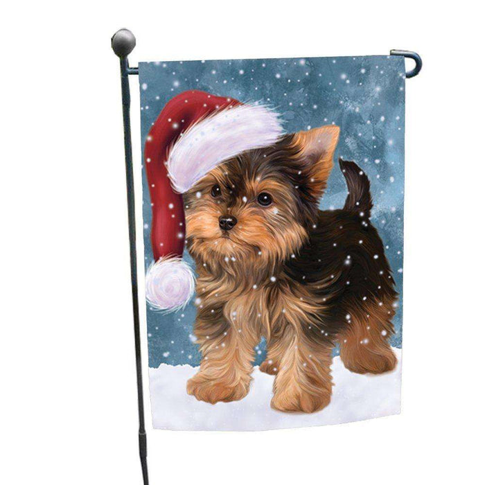 Let it Snow Christmas Holiday Yorkshire Terrier Dog Wearing Santa Hat Garden Flag