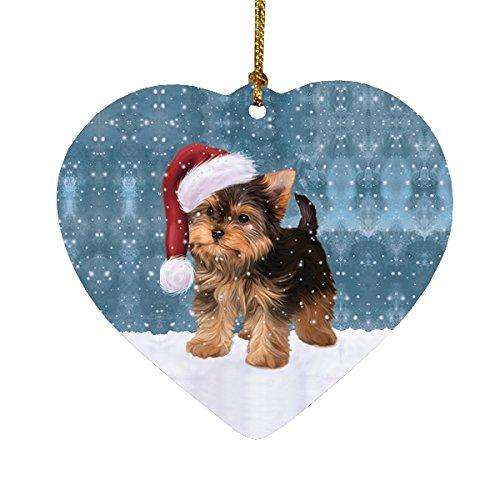 Let it Snow Christmas Holiday Yorkshire Terrier Dog Wearing Santa Hat Heart Ornament D255