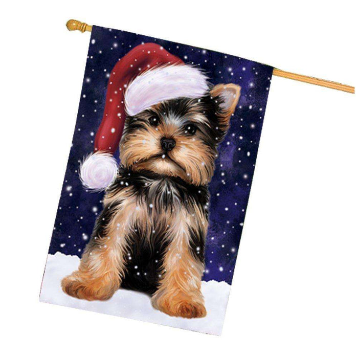 Let it Snow Christmas Holiday Yorkshire Terrier Dog Wearing Santa Hat House Flag