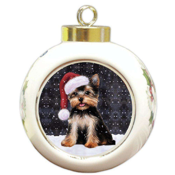 Let it Snow Christmas Holiday Yorkshire Terrier Dog Wearing Santa Hat Round Ball Ornament D253