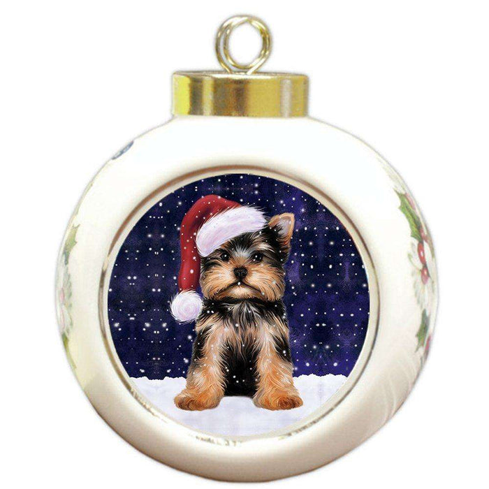 Let it Snow Christmas Holiday Yorkshire Terrier Dog Wearing Santa Hat Round Ball Ornament D254