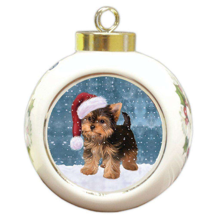 Let it Snow Christmas Holiday Yorkshire Terrier Dog Wearing Santa Hat Round Ball Ornament D255