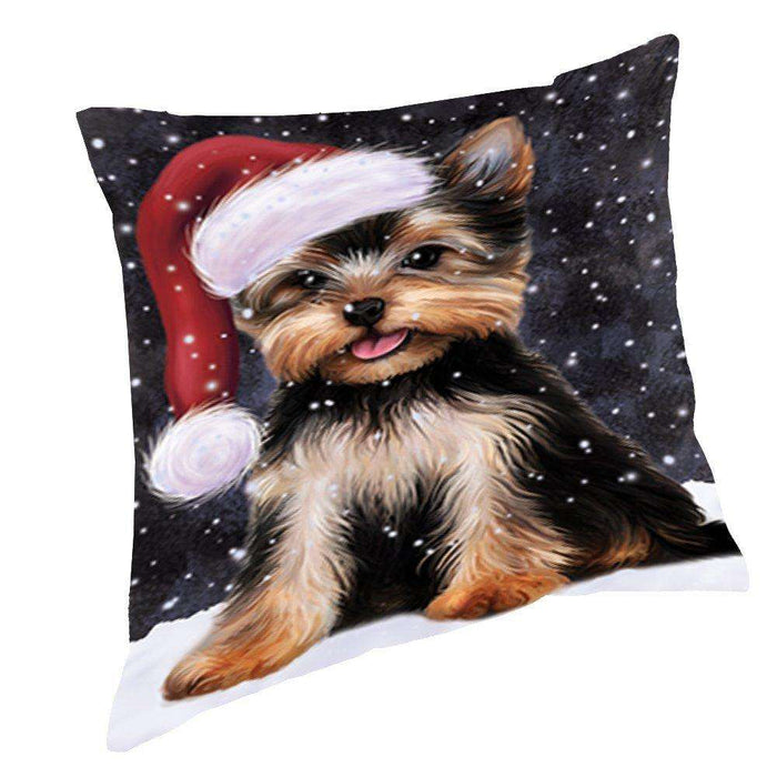 Let it Snow Christmas Holiday Yorkshire Terrier Dog Wearing Santa Hat Throw Pillow D411