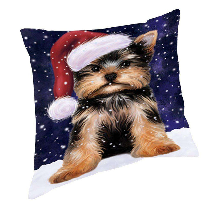 Let it Snow Christmas Holiday Yorkshire Terrier Dog Wearing Santa Hat Throw Pillow D412