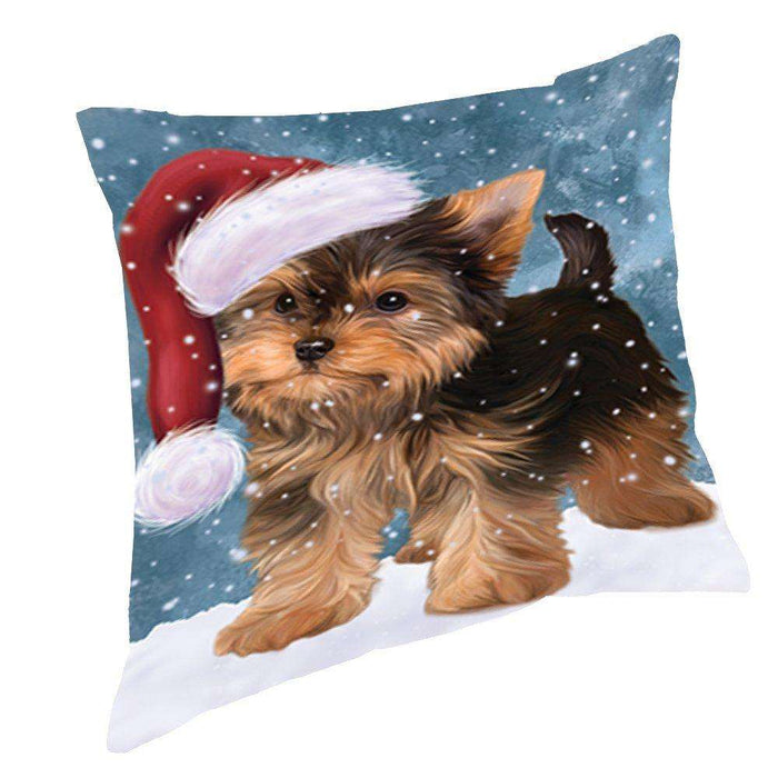 Let it Snow Christmas Holiday Yorkshire Terrier Dog Wearing Santa Hat Throw Pillow D413