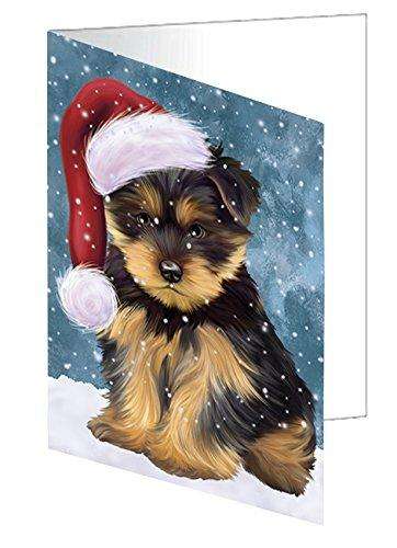 Let it Snow Christmas Holiday Yorkshire Terriers Dog Wearing Santa Hat Handmade Artwork Assorted Pets Greeting Cards and Note Cards with Envelopes for All Occasions and Holiday Seasons