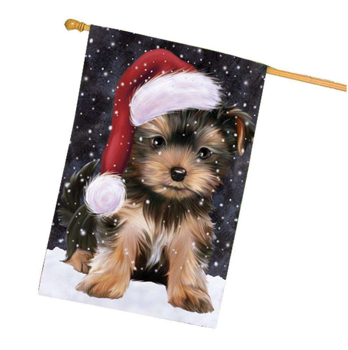 Let it Snow Christmas Holiday Yorkshire Terriers Dog Wearing Santa Hat House Flag