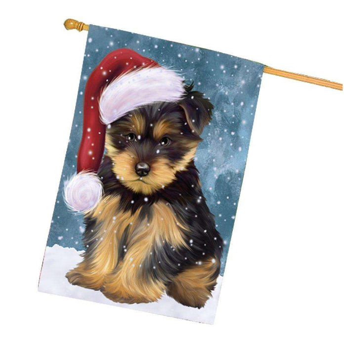 Let it Snow Christmas Holiday Yorkshire Terriers Dog Wearing Santa Hat House Flag