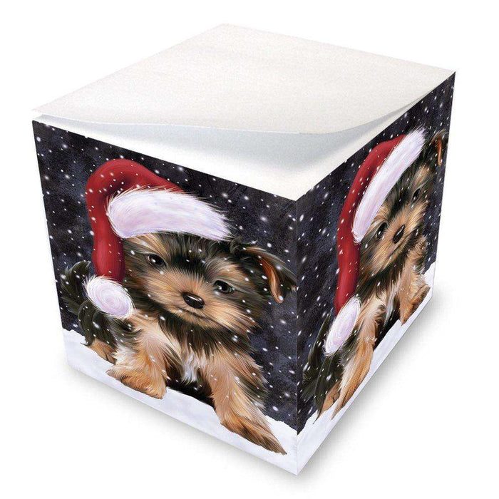 Let it Snow Christmas Holiday Yorkshire Terriers Dog Wearing Santa Hat Note Cube D374
