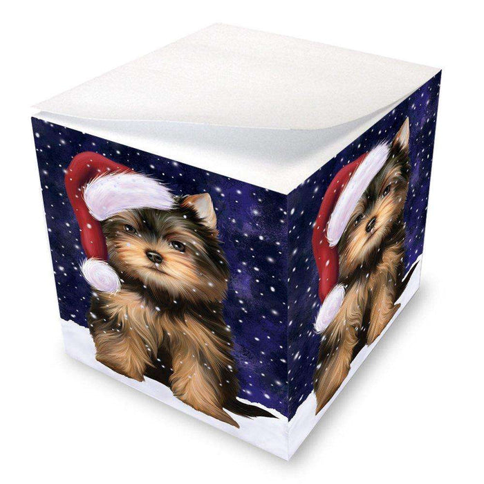 Let it Snow Christmas Holiday Yorkshire Terriers Dog Wearing Santa Hat Note Cube D375