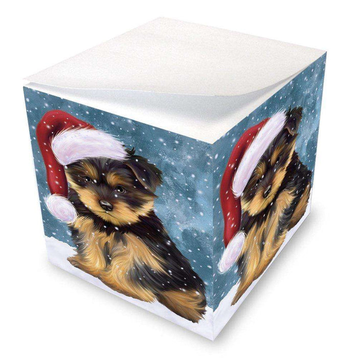 Let it Snow Christmas Holiday Yorkshire Terriers Dog Wearing Santa Hat Note Cube D376