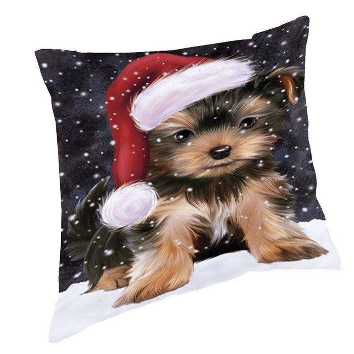 Let it Snow Christmas Holiday Yorkshire Terriers Dog Wearing Santa Hat Throw Pillow