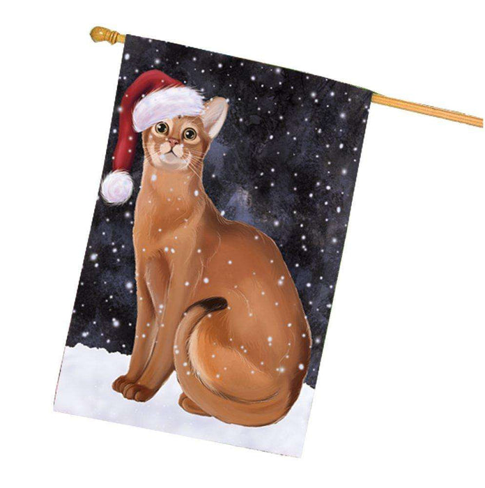 Let it Snow Christmas Holidays Abyssinian Cat Wearing Santa Hat House Flag FLG119