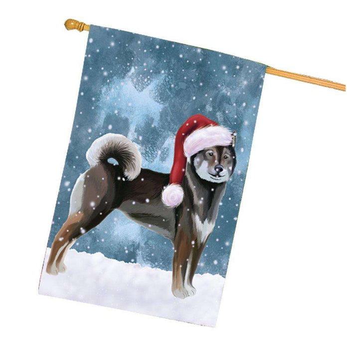 Let it Snow Christmas Holidays Aiku Dog Wearing Santa Hat House Flag FLG120