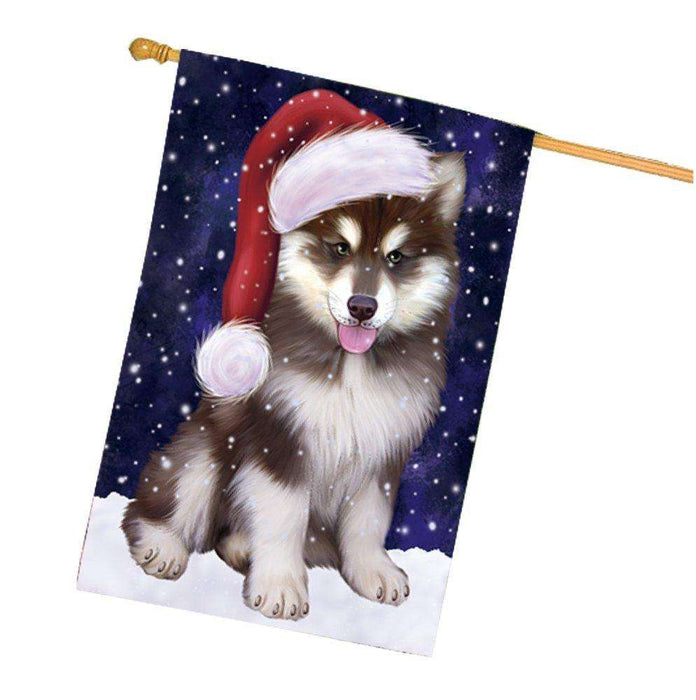 Let it Snow Christmas Holidays Alaskan Malamute Dog Wearing Santa Hat House Flag FLG123