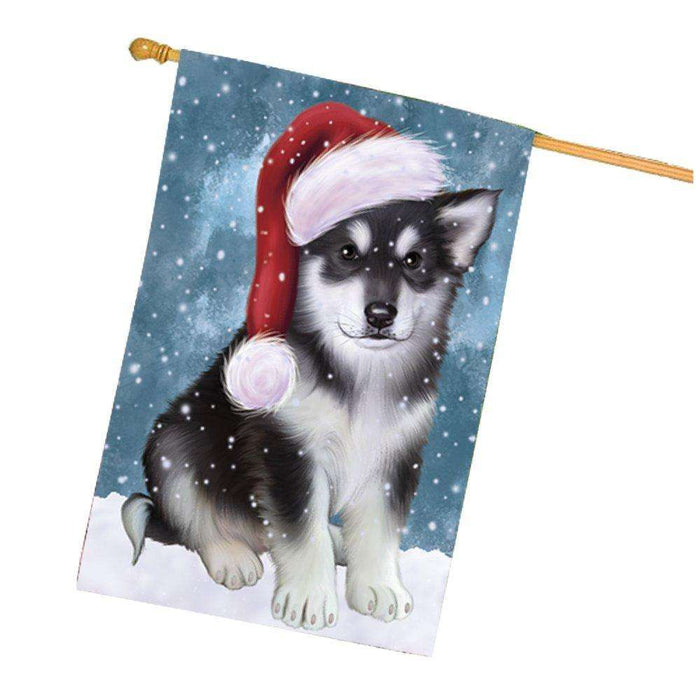 Let it Snow Christmas Holidays Alaskan Malamute Dog Wearing Santa Hat House Flag FLG124