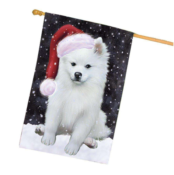 Let it Snow Christmas Holidays American Eskimo Dog Wearing Santa Hat House Flag FLG126