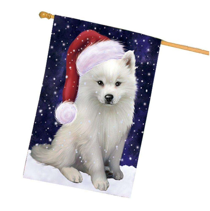 Let it Snow Christmas Holidays American Eskimo Dog Wearing Santa Hat House Flag FLG127