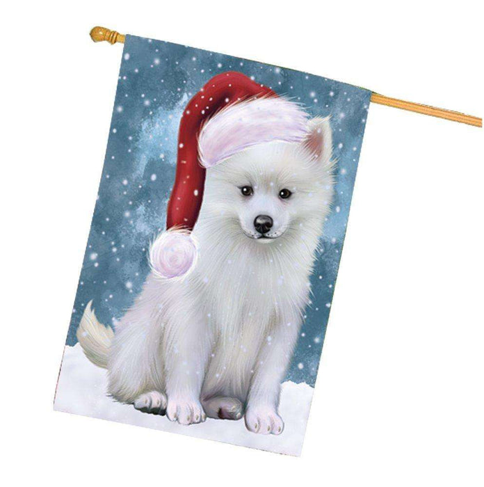 Let it Snow Christmas Holidays American Eskimo Dog Wearing Santa Hat House Flag FLG128
