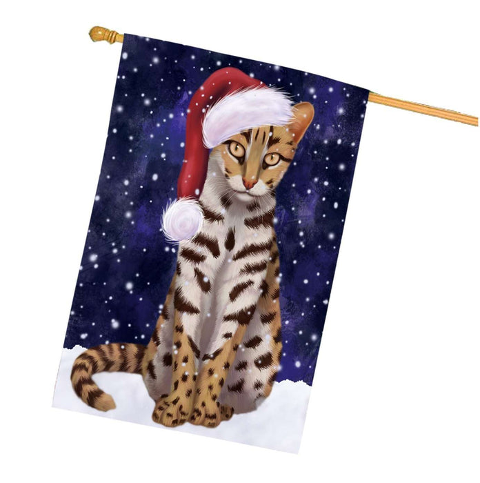 Let it Snow Christmas Holidays Asian Leopard Cat Wearing Santa Hat House Flag HFLG013