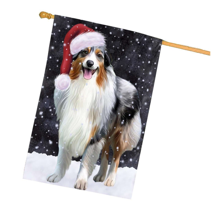 Let it Snow Christmas Holidays Australian Shepherd Dog Wearing Santa Hat House Flag HFLG015