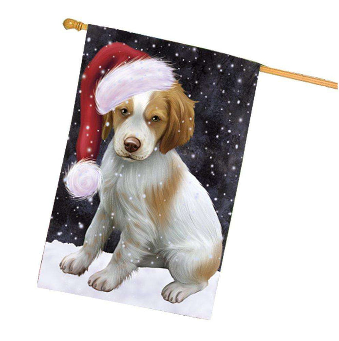 Let it Snow Christmas Holidays Brittany Spaniel Dog Wearing Santa Hat House Flag FLG133