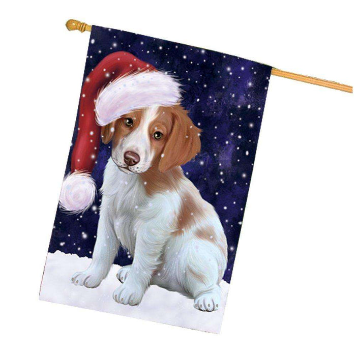 Let it Snow Christmas Holidays Brittany Spaniel Dog Wearing Santa Hat House Flag FLG134