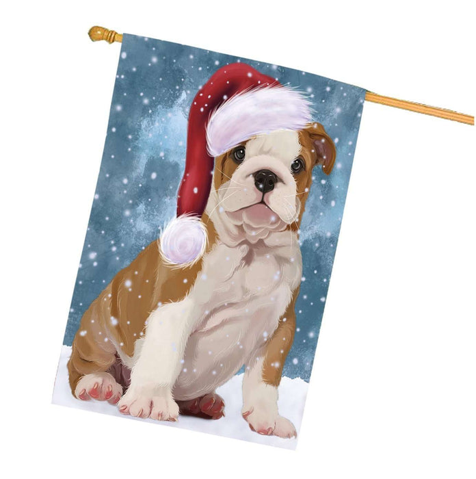 Let it Snow Christmas Holidays Bulldog Puppy Wearing Santa Hat House Flag HFLG021