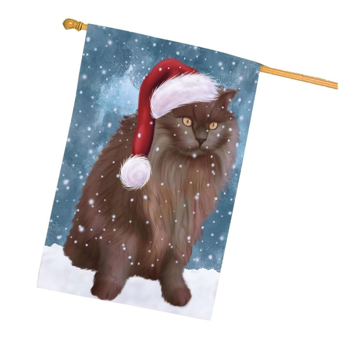 Let it Snow Christmas Holidays Chantilly-Tiffany Cat Wearing Santa Hat House Flag HFLG070