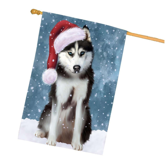 Let it Snow Christmas Holidays Husky Dog Wearing Santa Hat House Flag HFLG036
