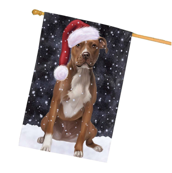 Let it Snow Christmas Holidays Pit bull Dog Wearing Santa Hat House Flag HFLG043